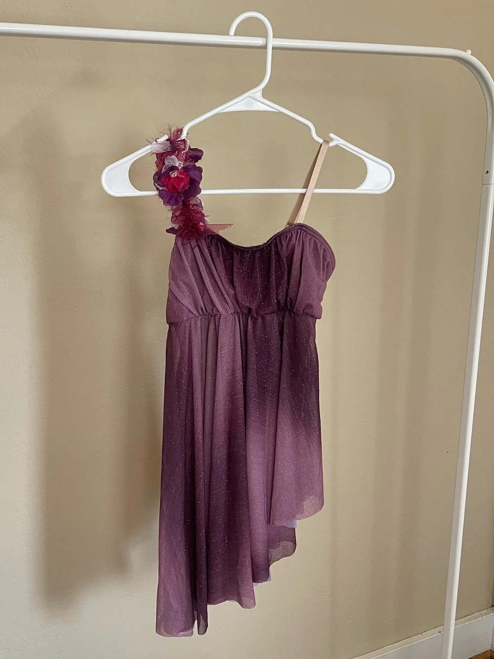 Weissman Plum One-Shoulder Dance Costume with Flower Accent and Hairpiece
